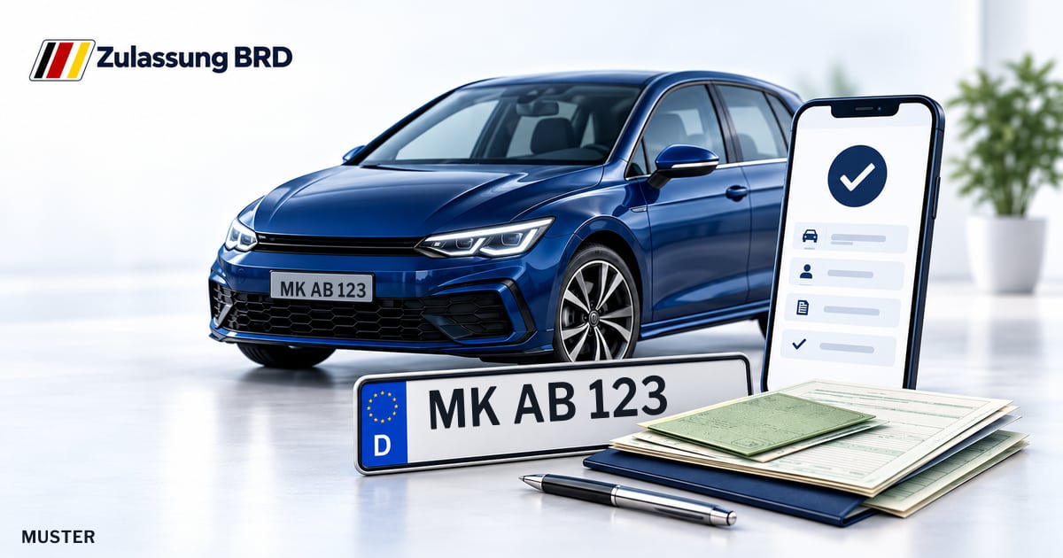 Online Fahrzeugzulassung in Werdohl: Musterkennzeichen MK AB 123, Auto und Fahrzeugpapiere und Smartphone. Illustration mit Logo von Zulassung BRD.